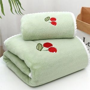 1pc Cherry Embroidery Face Towel Or Bath Towel, Green Towel For Bathroom
